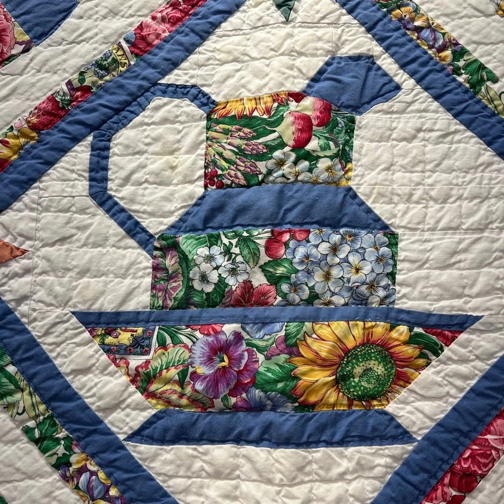Vintage Hand Stitched Patchwork Quilt 86x80 Dresden Plate Teapot Appliqué Flaw